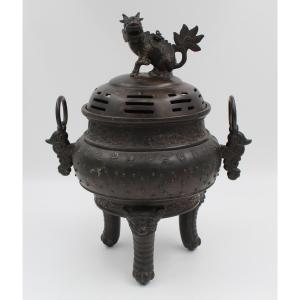Brûle-parfum en bronze avec chien de Fô Chine Indochine Vietnam