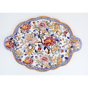Grand plateau polylobé EN FAIENCE DE GIEN décor Pivoines