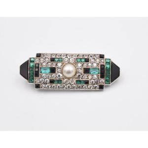 Art Deco Brooch In Silver, Marcasite, Opal And Onyx