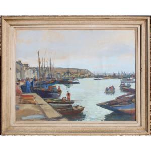 Tableau Gouache sur papier vue du port animé camaret sur mer signé Louis Riou