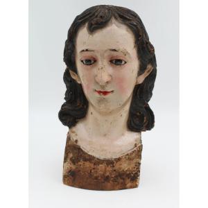 Polychrome Carved Wooden Bust Sculpture With Glass Eyes