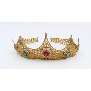 Couronne diadème vierge statue laiton doré strass XIXème siècle
