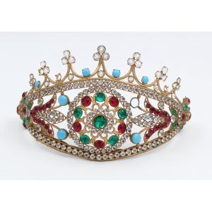 Couronne diadème vierge statue laiton doré strass XIXème siècle