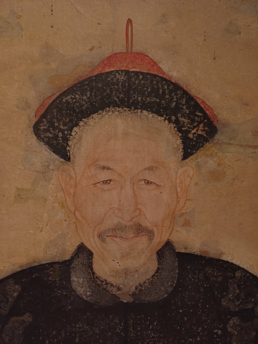 Portrait d'Un Dignitaire, Technique Mixte Sur Papier, Chine, XIXe Siècle.-photo-2