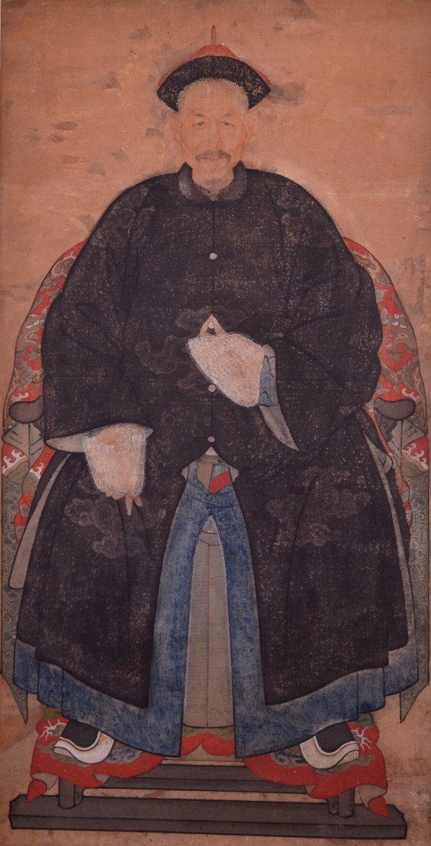 Portrait d'Un Dignitaire, Technique Mixte Sur Papier, Chine, XIXe Siècle.