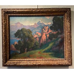 René Ménard (1862-1930), Attribué à, Talloires (Alpes) Grand Tableau Symbolisme Fin XIXe