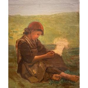 19th Century French School Naturalism Young Girl On The Grass Oil On Canvas