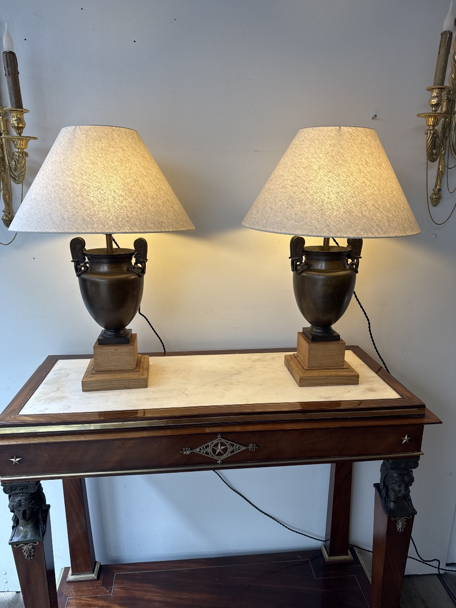 Pair Of Crater-shaped Lamps In Bronze