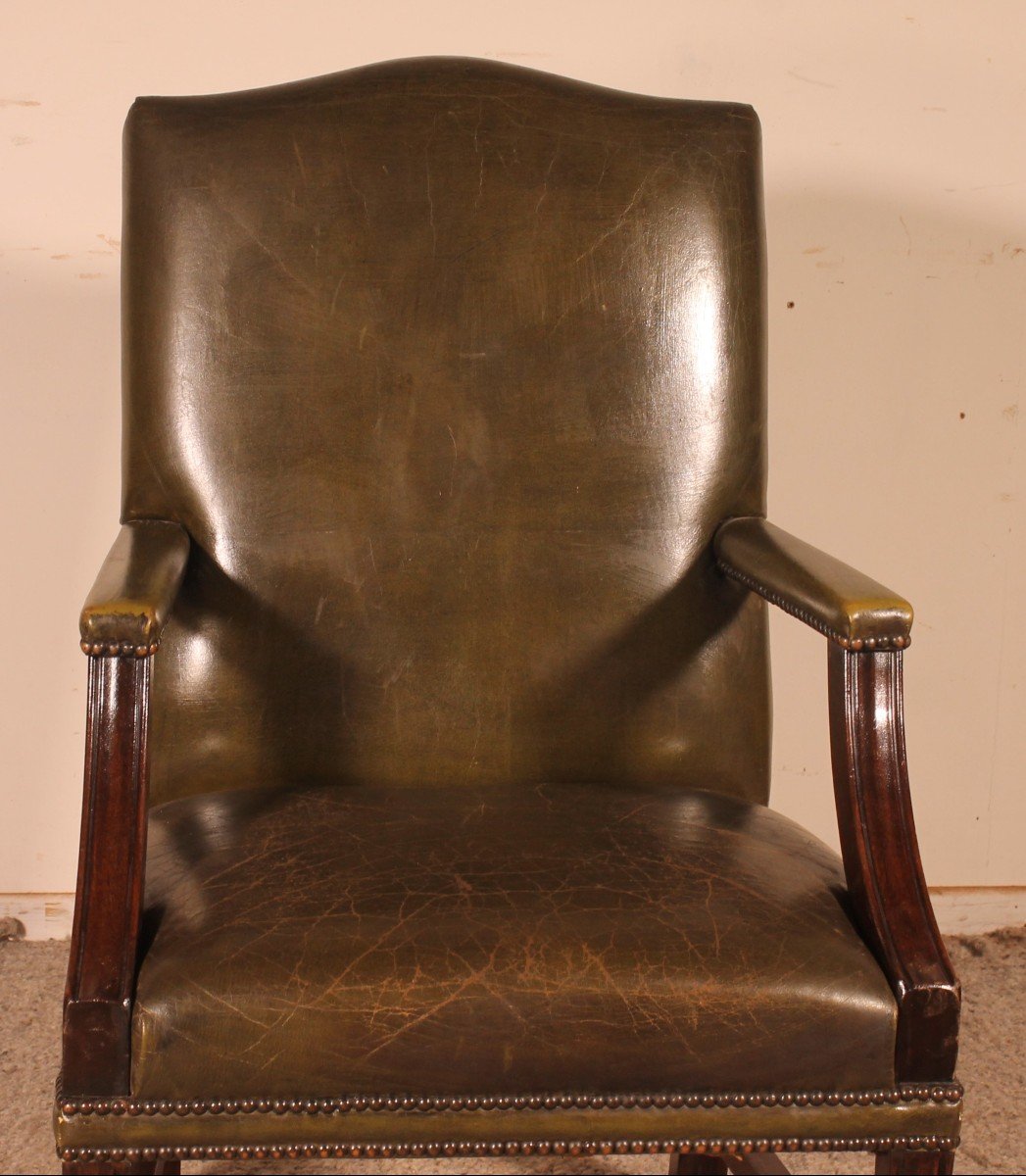 English Armchair In Dark Green Leather-photo-3