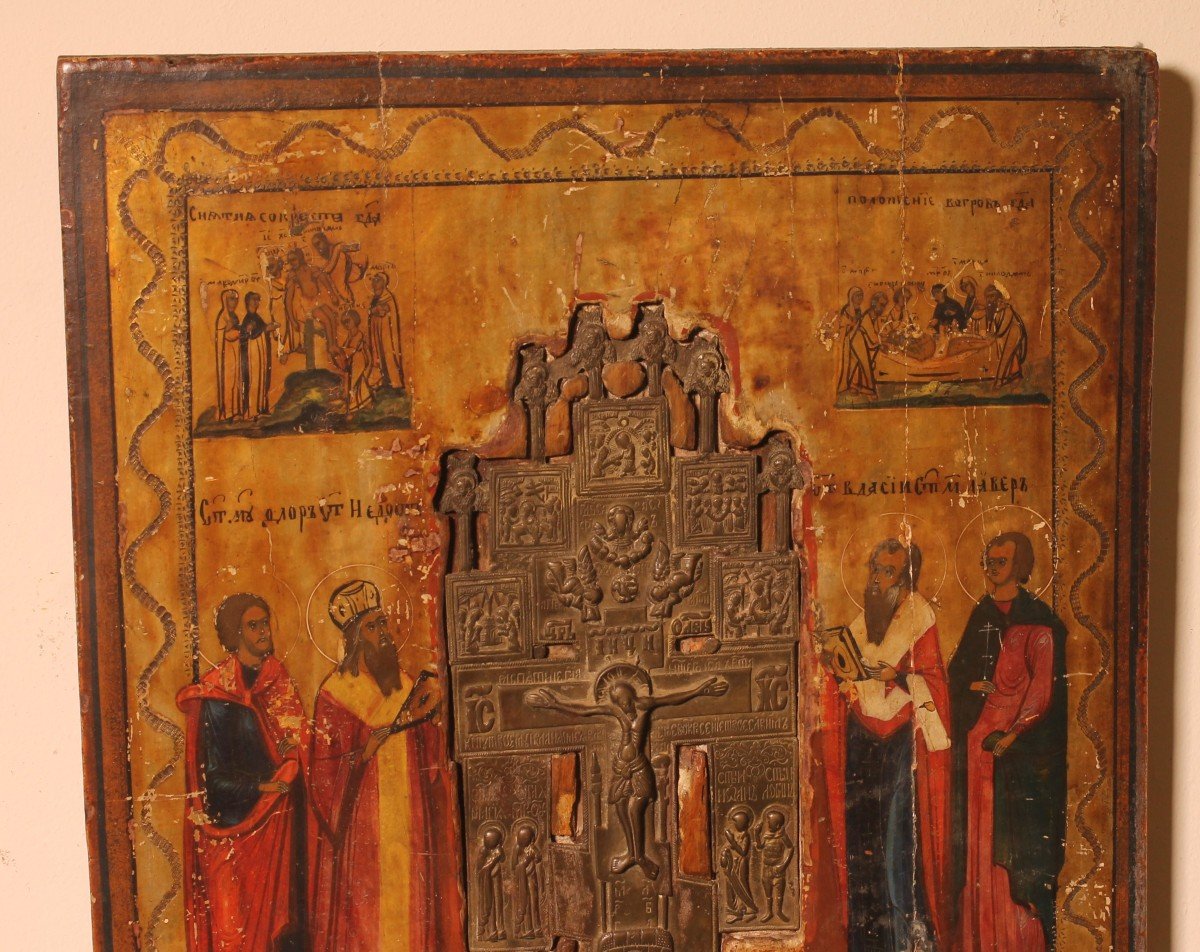 Russian Icon With Processional Cross 19th Century-photo-3