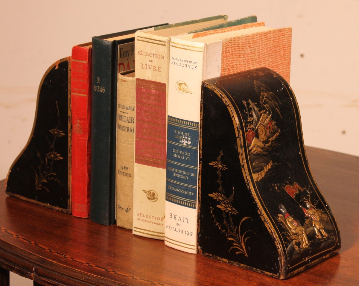 Pair Of Bookends In Lacquer Wood With Chinese Decor-photo-3