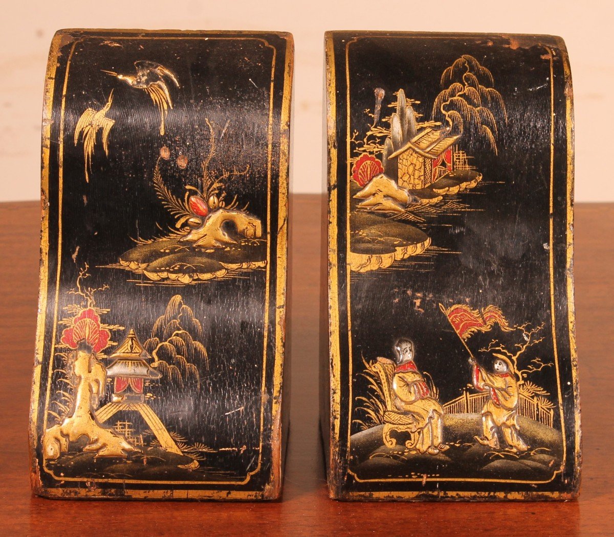 Pair Of Bookends In Lacquer Wood With Chinese Decor-photo-1