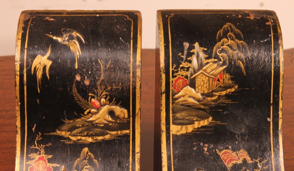 Pair Of Bookends In Lacquer Wood With Chinese Decor-photo-2