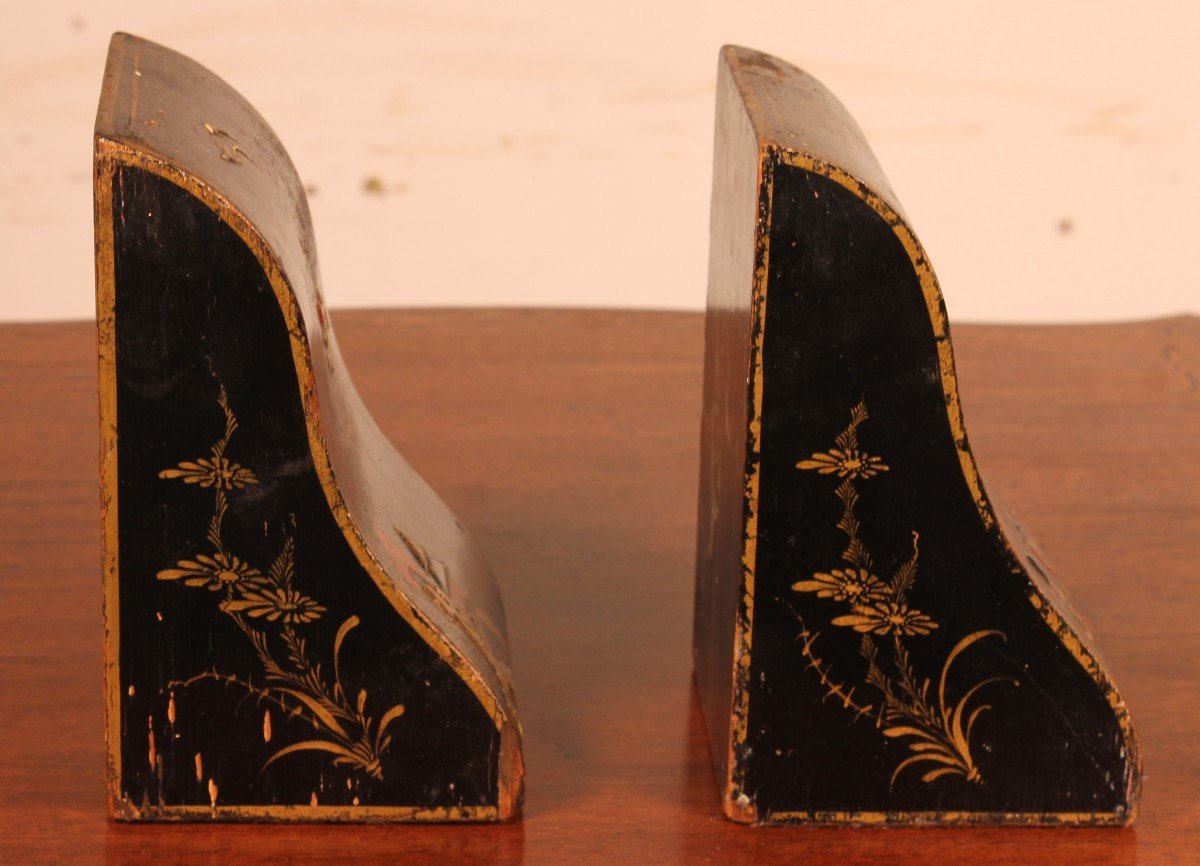 Pair Of Bookends In Lacquer Wood With Chinese Decor-photo-3