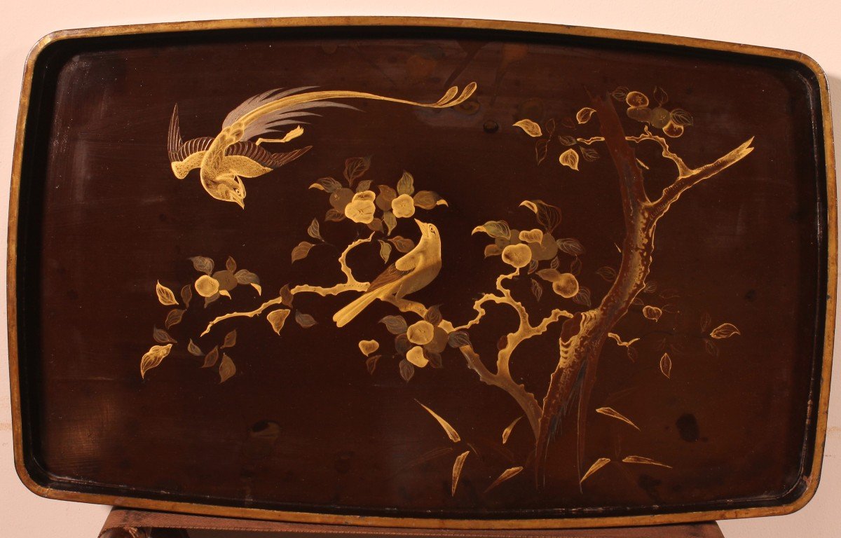 Butler Tray In Lacquered Wood With Asian Decor - 19th Century-photo-2