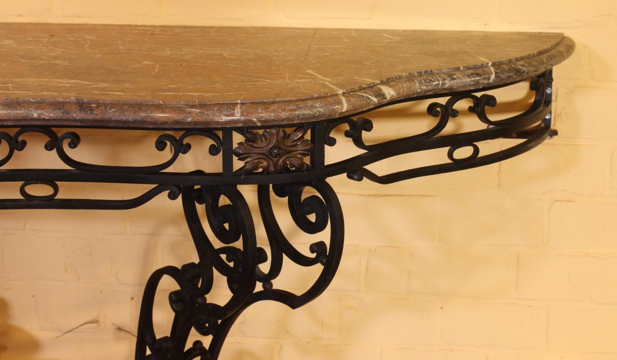 Large Console In Wrought Iron And Marble - 19th Century-photo-2