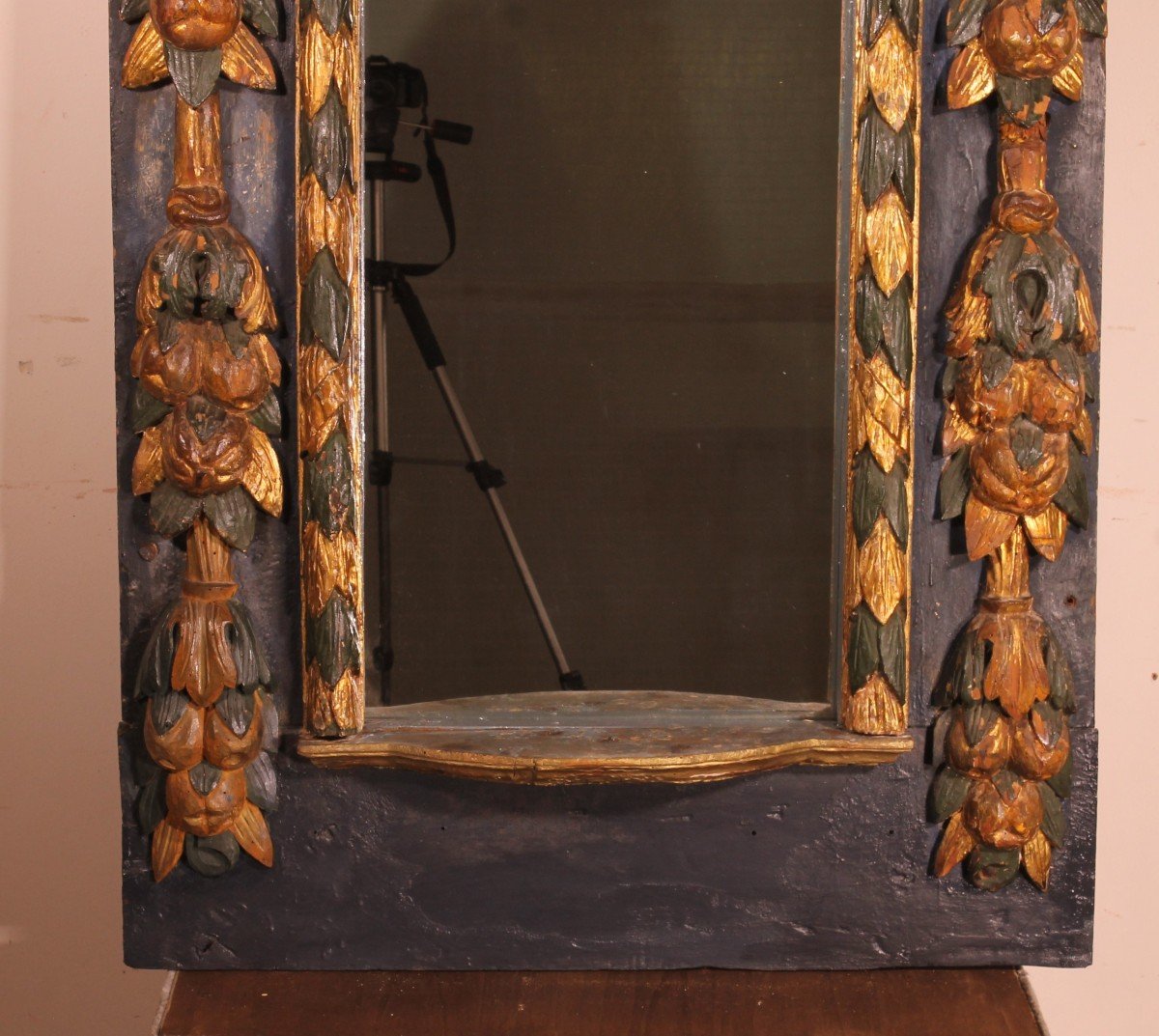 Grand Miroir Espagnole Du 17° Siècle En Bois Polychrome-photo-2