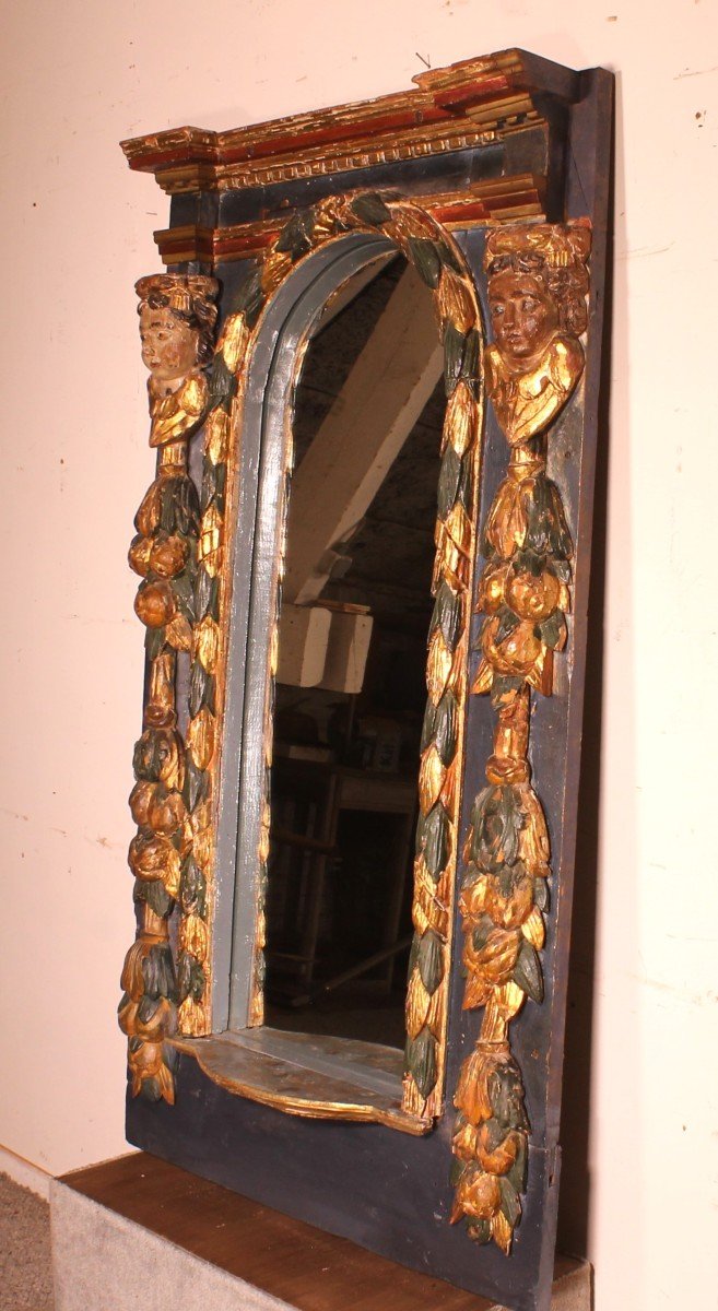 Grand Miroir Espagnole Du 17° Siècle En Bois Polychrome-photo-5