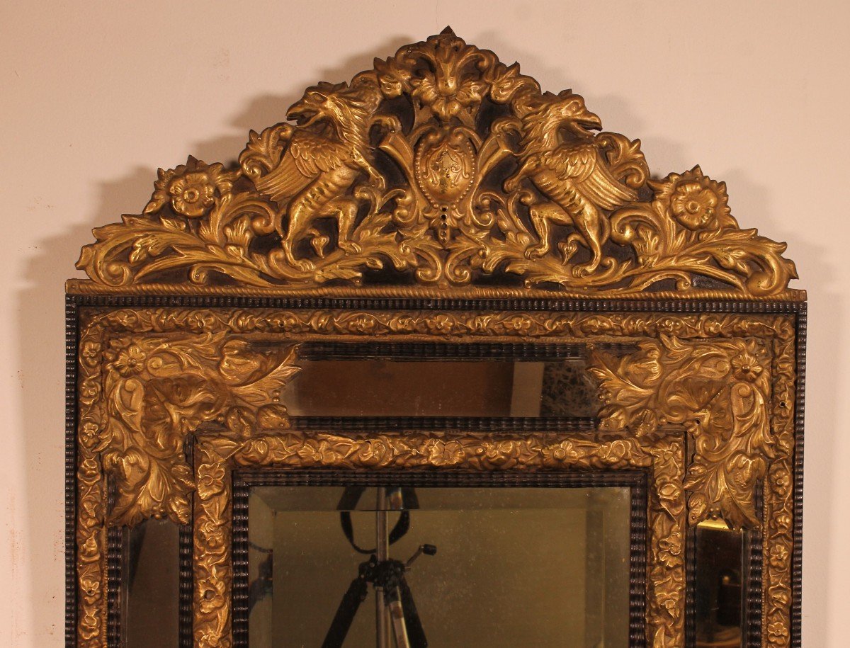 Miroir à Parecloses En Cuivre Repoussé Et ébène - Début Du 19° Siècle-photo-3
