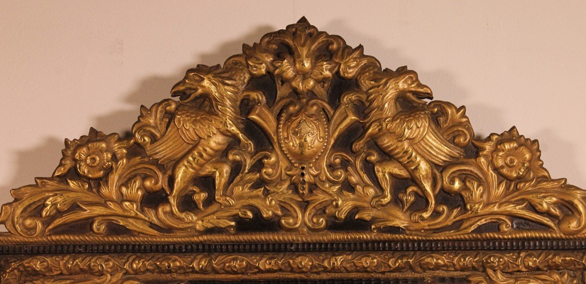 Miroir à Parecloses En Cuivre Repoussé Et ébène - Début Du 19° Siècle-photo-4