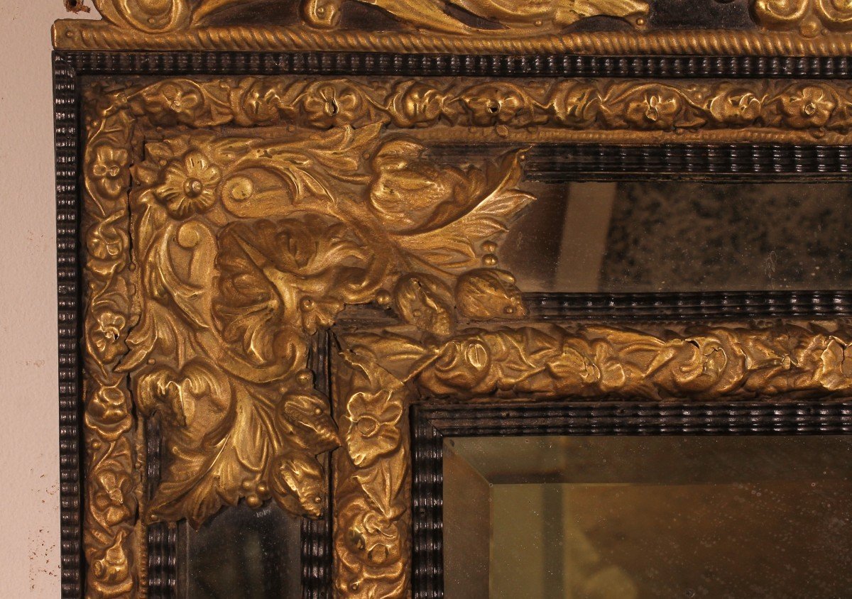 Miroir à Parecloses En Cuivre Repoussé Et ébène - Début Du 19° Siècle-photo-2