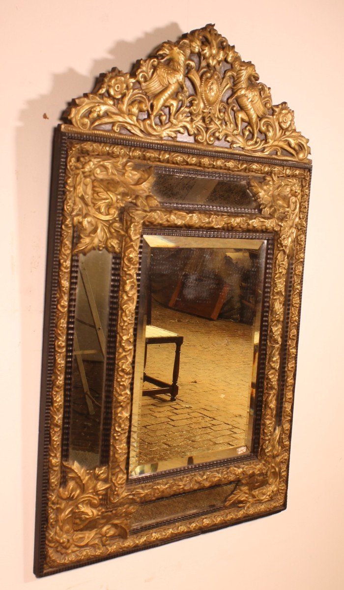 Miroir à Parecloses En Cuivre Repoussé Et ébène - Début Du 19° Siècle-photo-7