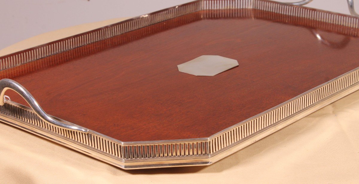 19th Century Silver Plated Metal And Mahogany Tray-photo-3