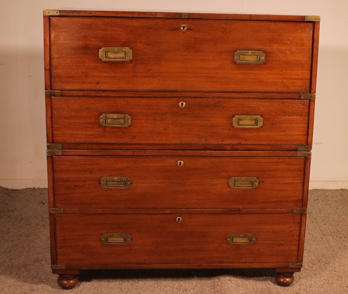 Military Or Campaign Chest Of Drawers In Blond Mahogany With Secretary - 19th Century-photo-2