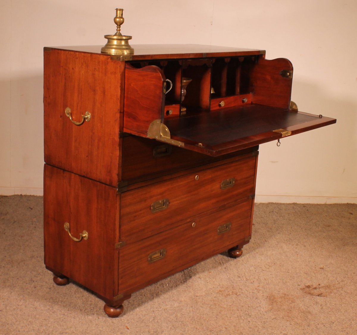 Military Or Campaign Chest Of Drawers In Blond Mahogany With Secretary - 19th Century-photo-3