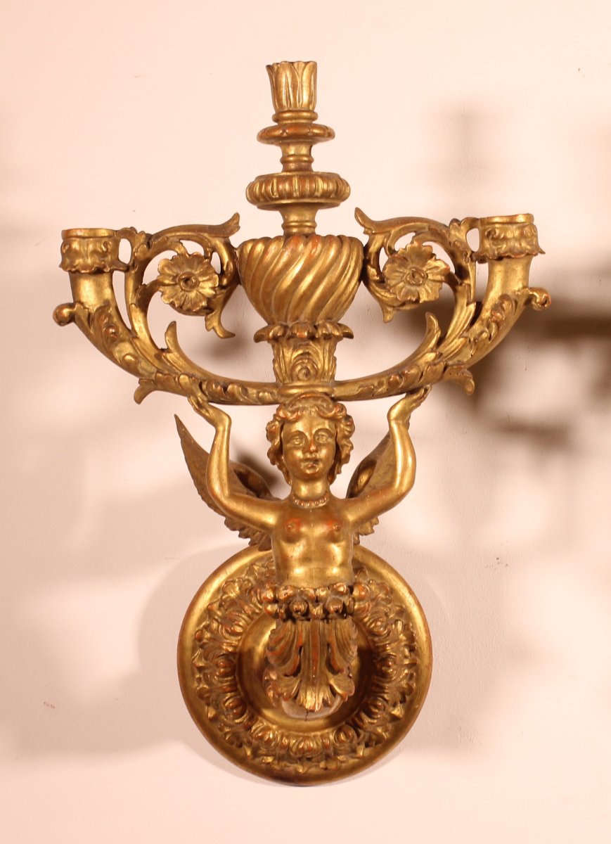 Paire d'Appliques En Bois Doré - Italie- 19° Siècle-photo-2