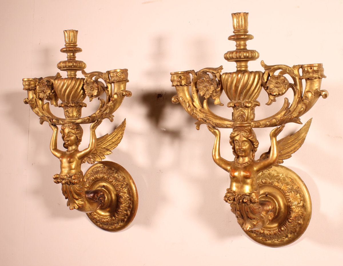 Paire d'Appliques En Bois Doré - Italie- 19° Siècle-photo-3