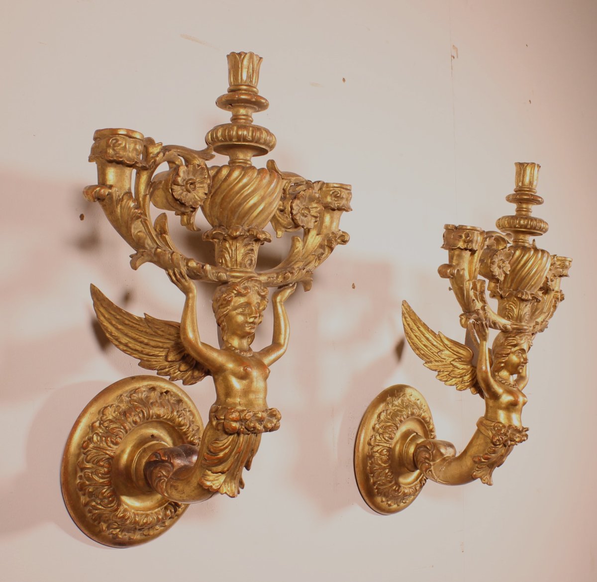 Paire d'Appliques En Bois Doré - Italie- 19° Siècle-photo-6