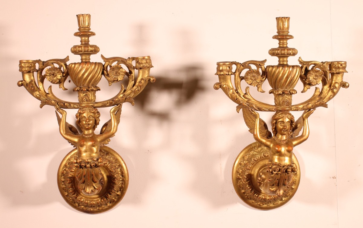 Paire d'Appliques En Bois Doré - Italie- 19° Siècle