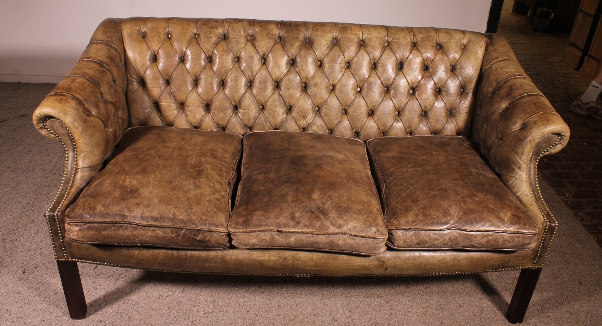 Chesterfield 3 Seater In Light Green Olive Leather-photo-7