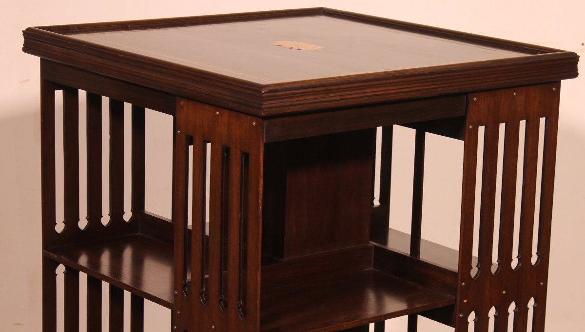 Large Revolving Mahogany Bookcase With Inlays - 19th Century-photo-2