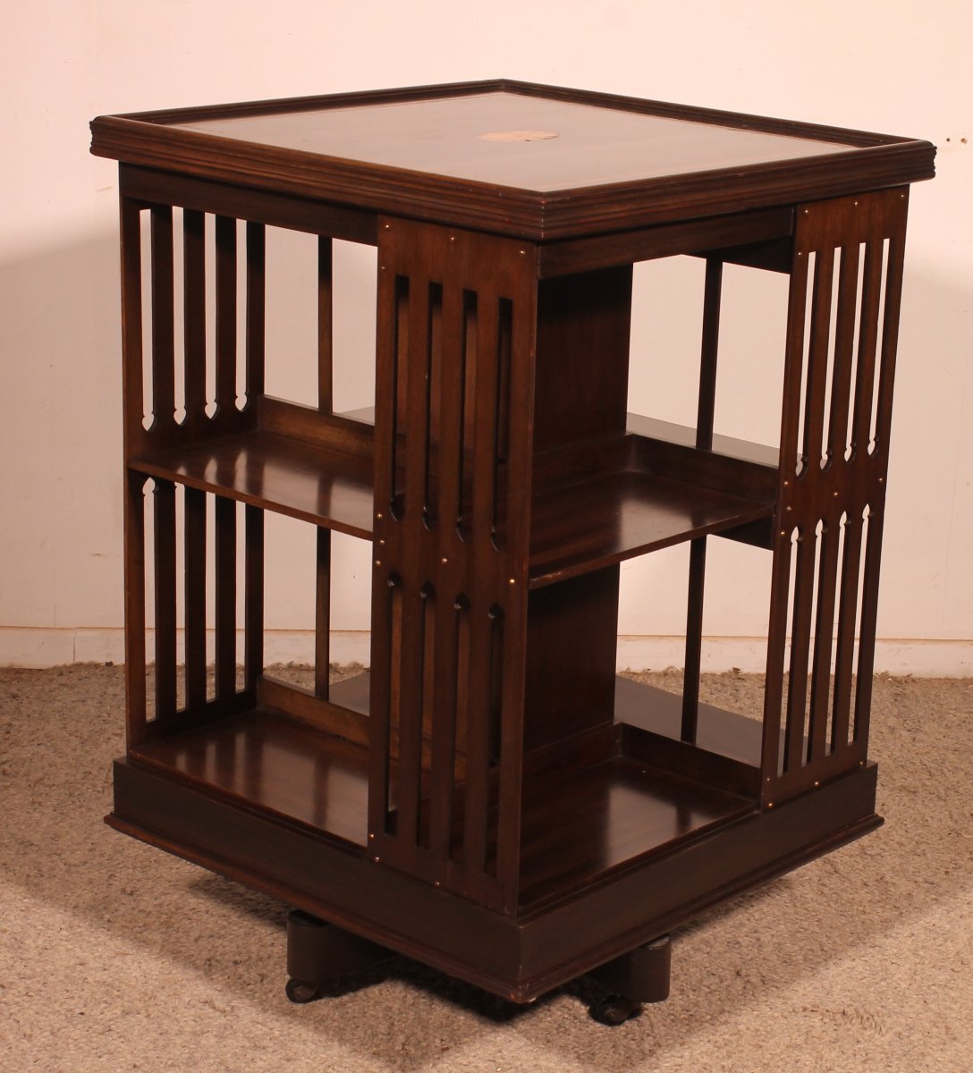 Large Revolving Mahogany Bookcase With Inlays - 19th Century-photo-1