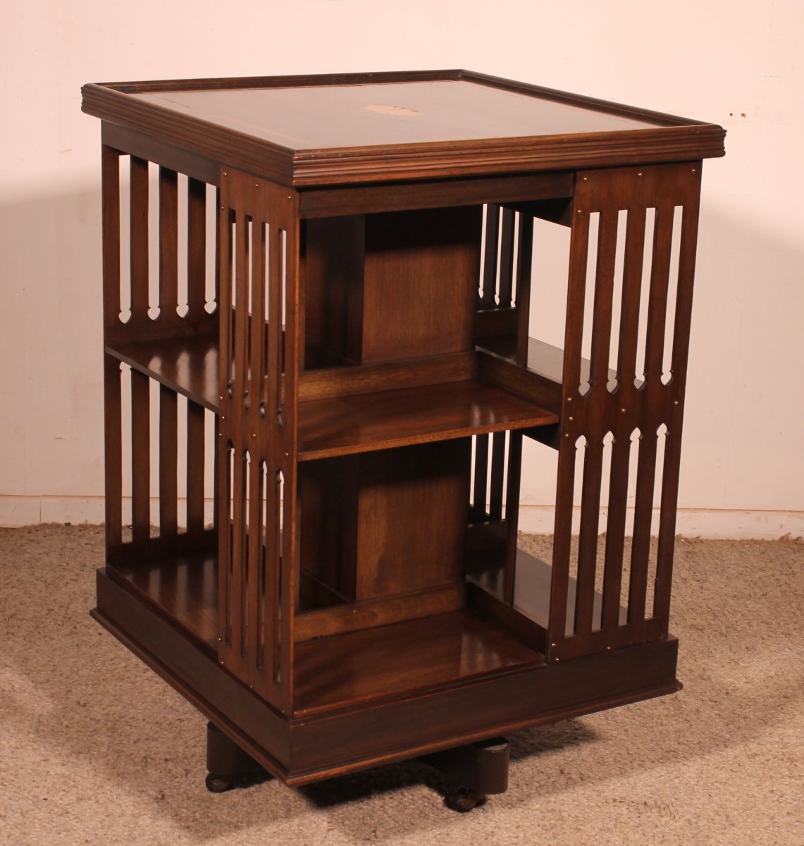Large Revolving Mahogany Bookcase With Inlays - 19th Century-photo-2
