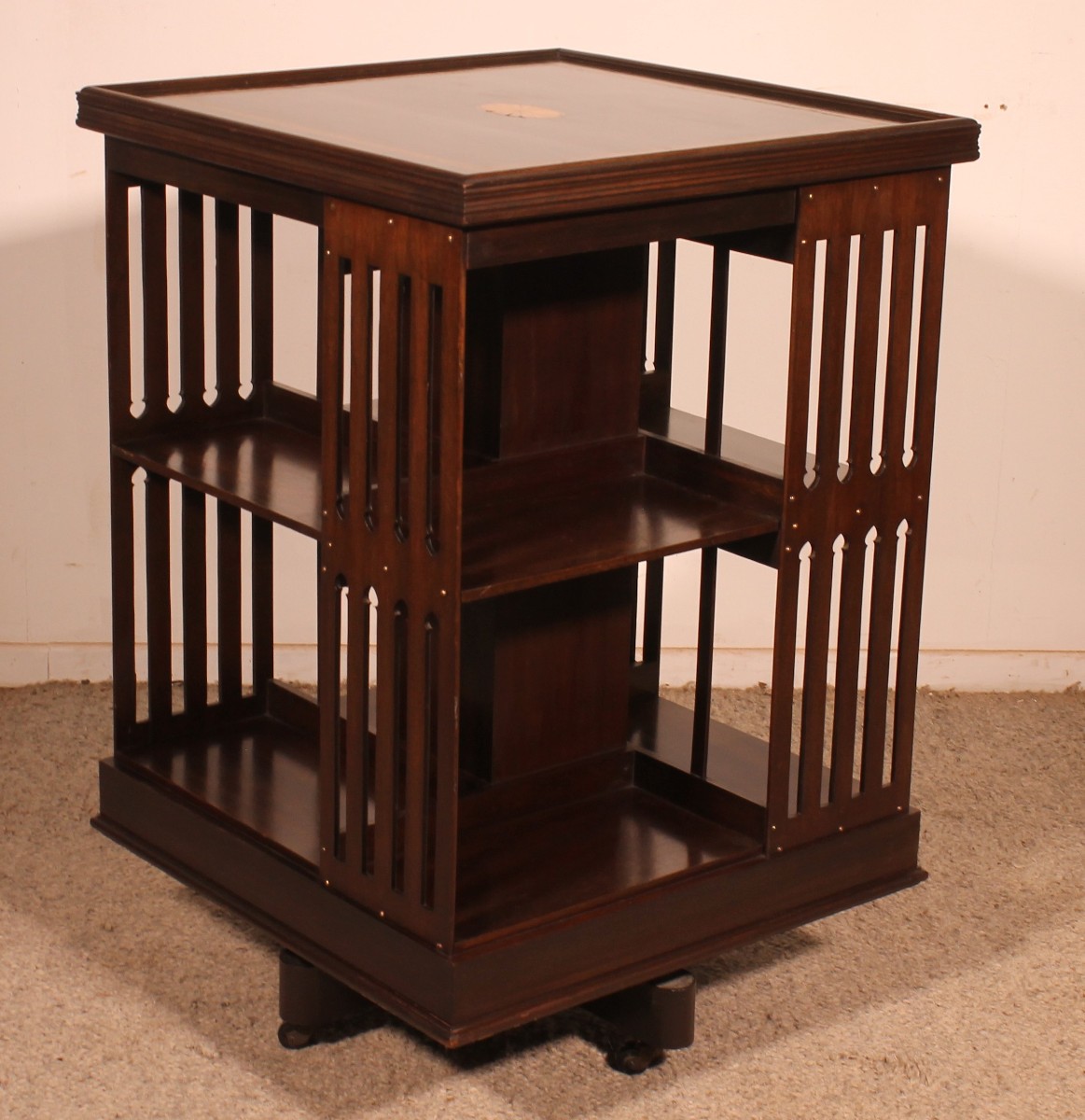 Large Revolving Mahogany Bookcase With Inlays - 19th Century