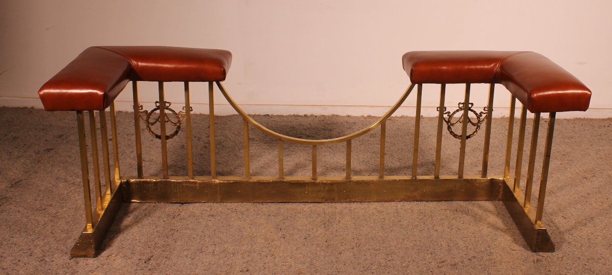 Early 19th Century Club Fender In Brass And Leather-photo-5