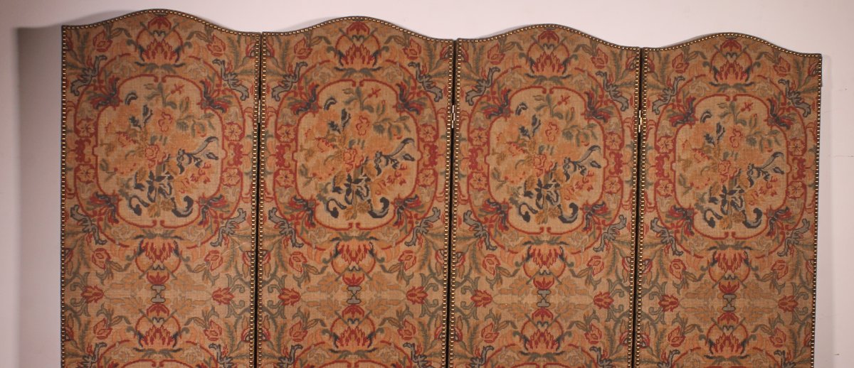 Four-panel Screen Painted Ony Fabric From The 19th Century-photo-3