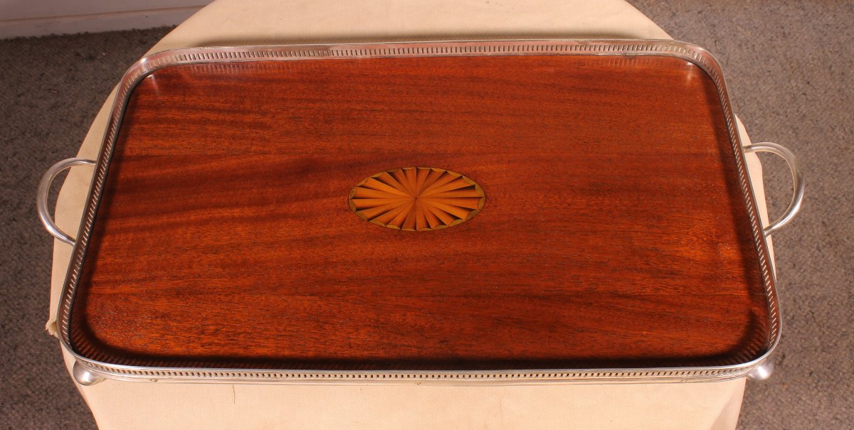plateau en métal argenté et acajou du 19° siècle-photo-4