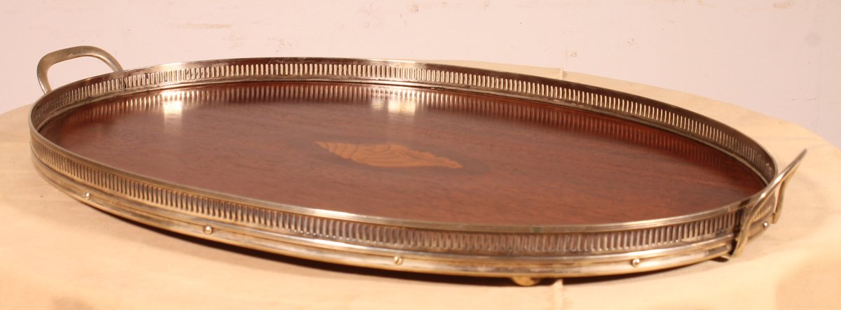 19th Century Silver-plated Metal And Mahogany Tray-photo-1