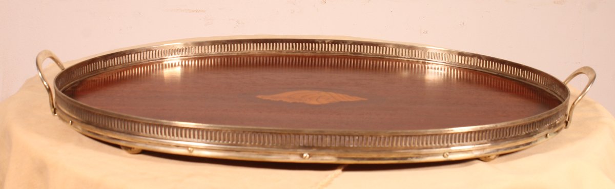 19th Century Silver-plated Metal And Mahogany Tray-photo-3
