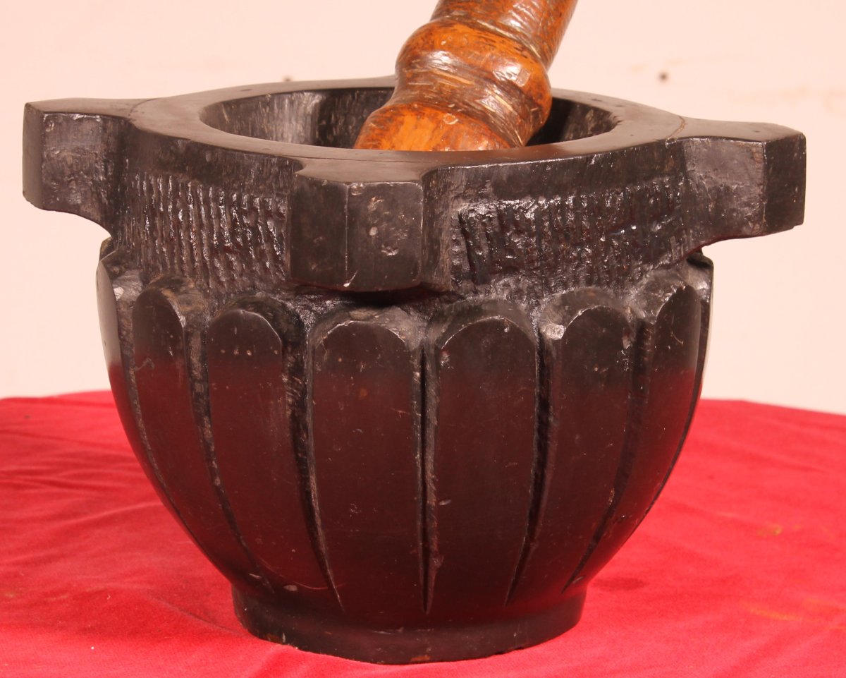 Black Marble Mortar Graved Gp 18th Century-photo-3