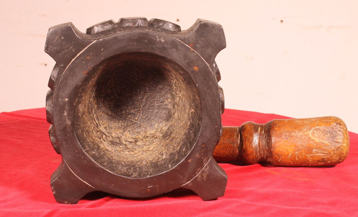 Black Marble Mortar Graved Gp 18th Century-photo-4