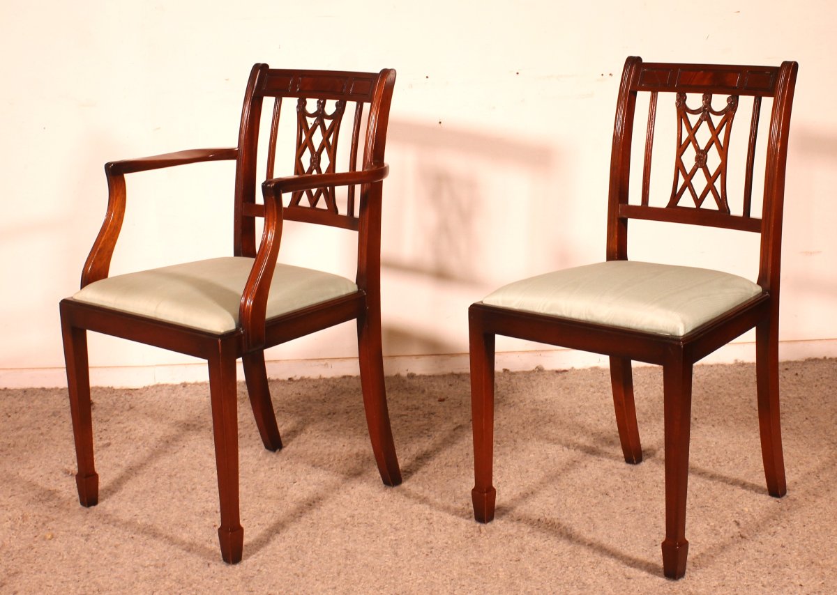 Set Of 10 Chairs And Two Armchairs In Mahogany, Hepplewhite Style-photo-8