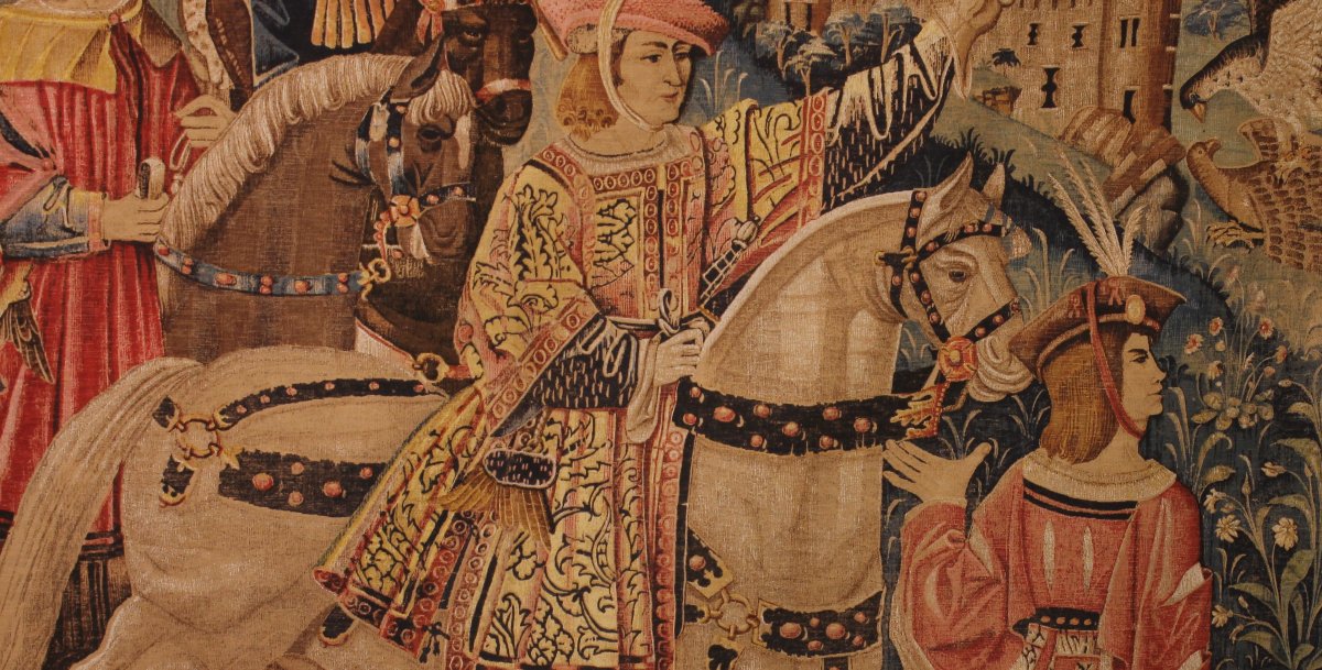 tapisserie au pochoir- scène de chasse au faucon gothique flamboyant- 19° siècle-photo-2