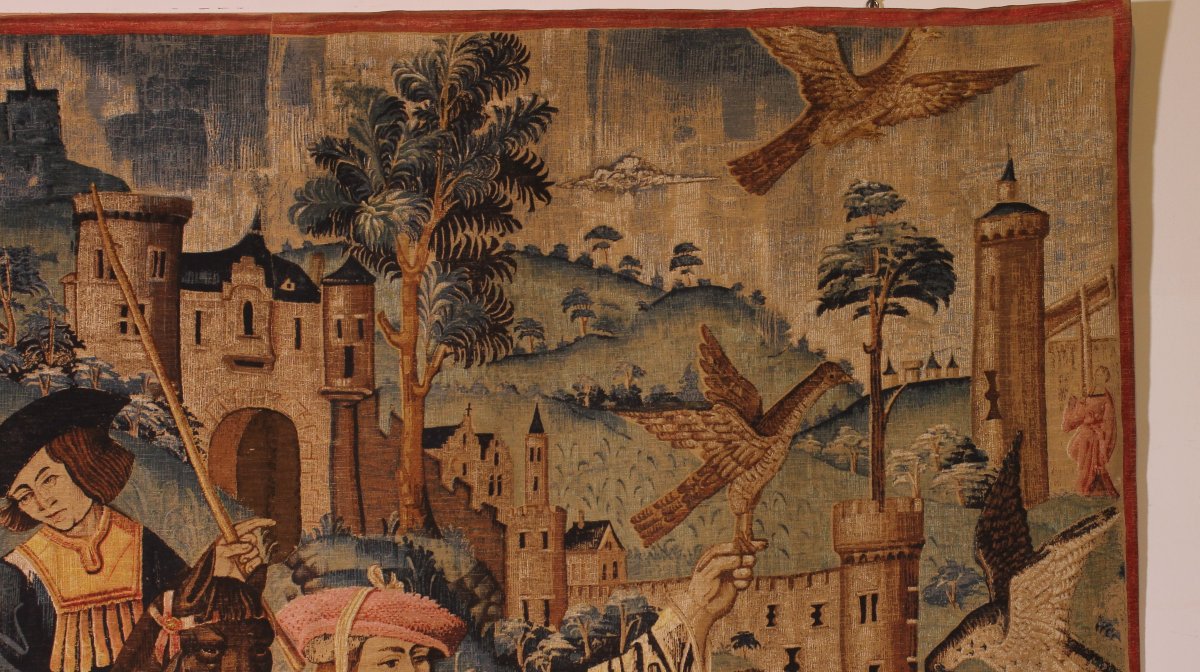 tapisserie au pochoir- scène de chasse au faucon gothique flamboyant- 19° siècle-photo-2