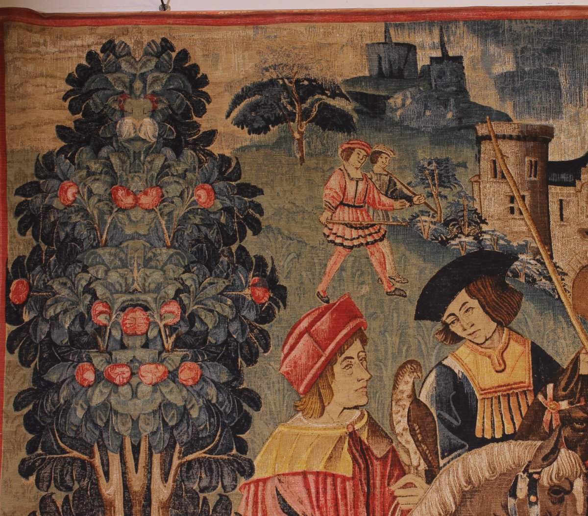tapisserie au pochoir- scène de chasse au faucon gothique flamboyant- 19° siècle-photo-4
