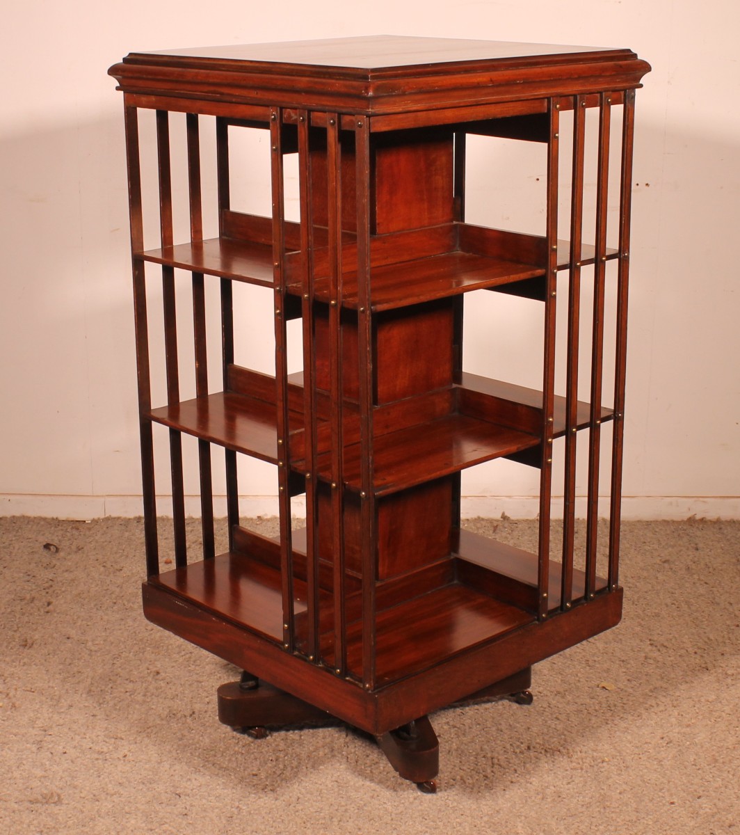 Revolving Bookcase With Iron Base And Inlays - 19th Century